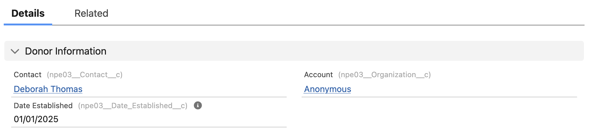 Recurring donation record showing an Anonymous household account after a contact merge