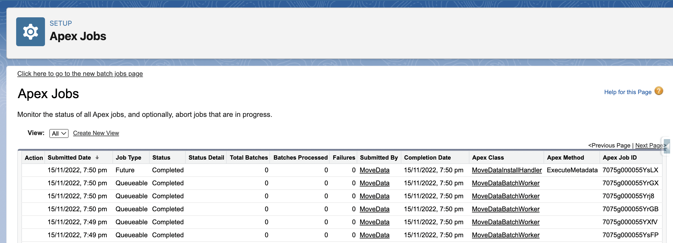 Apex Jobs page showing MoveDataBatchWorker jobs