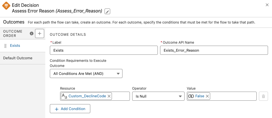Flow decision element to assess the decline code value