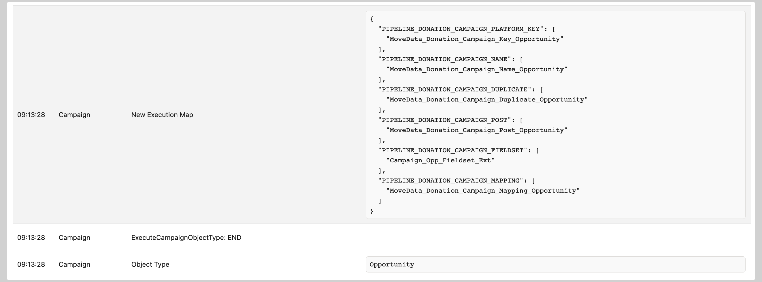 Execution log showing the new execution map with remapped metadata