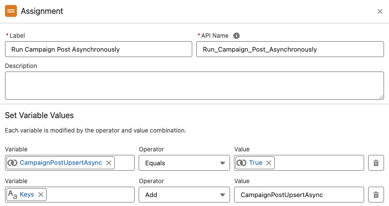 Flow assignment setting CampaignPostUpsertAsync to true