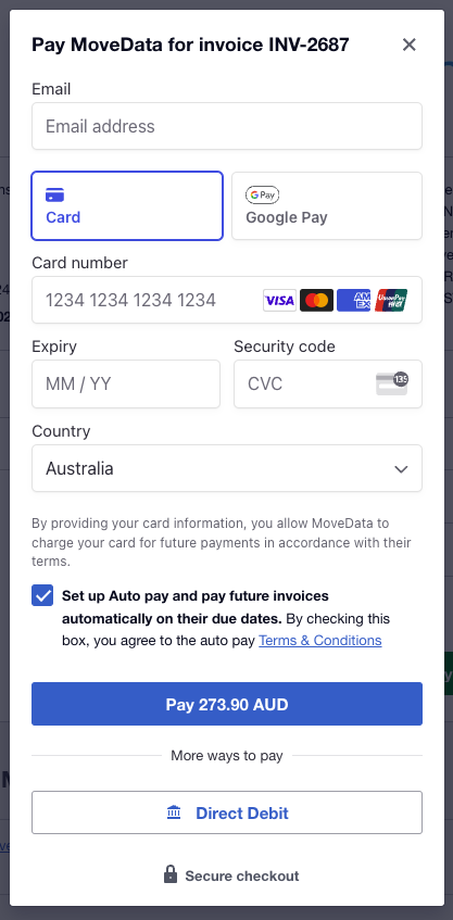 Card payment form showing the option to set up automatic payments