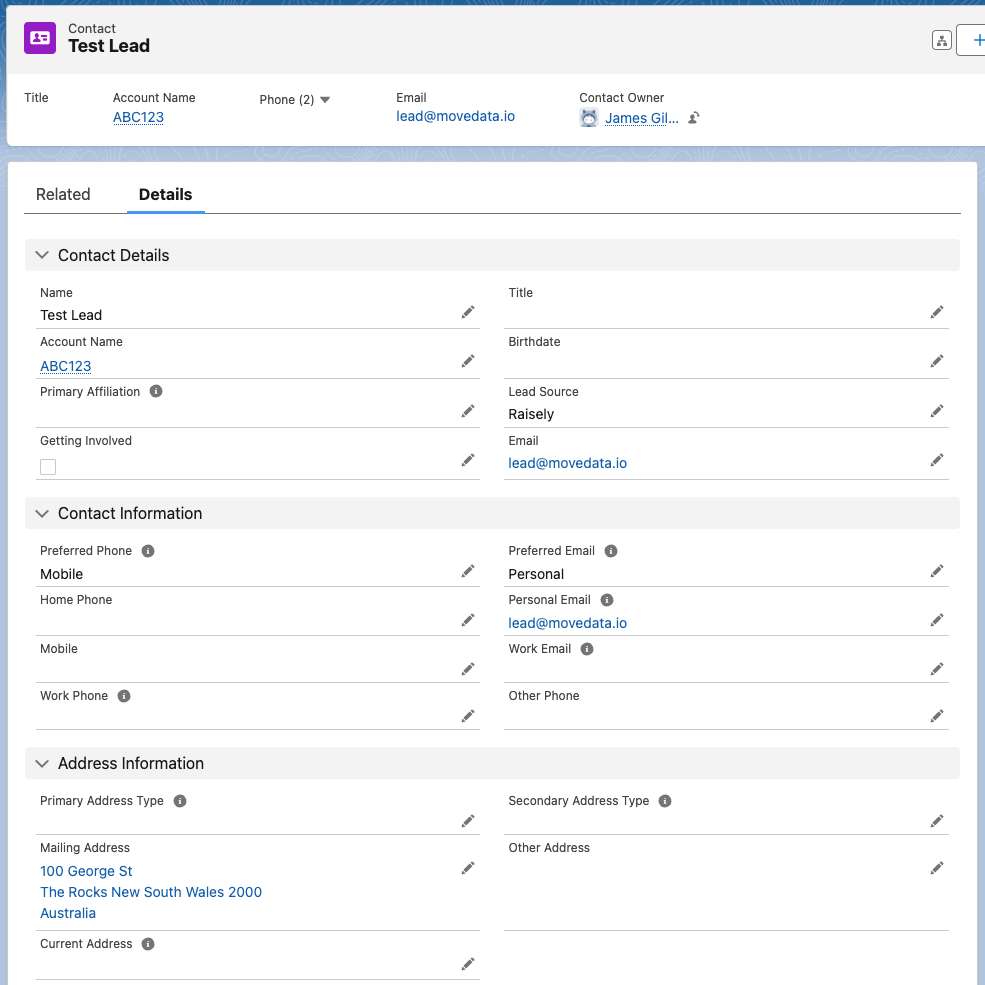 Contact record created from converted lead