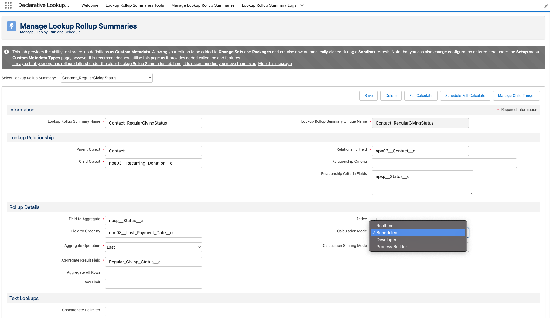 DLRS Manage Lookup Rollup Summaries page showing the Calculation Mode set to Scheduled