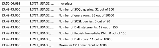 Debug log execution summary showing SOQL query and DML statement counts