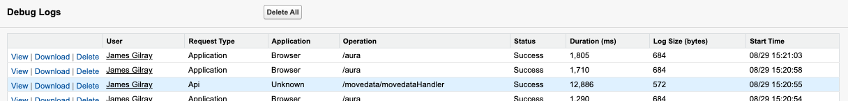Salesforce debug log list showing entries for the MoveData authorised user