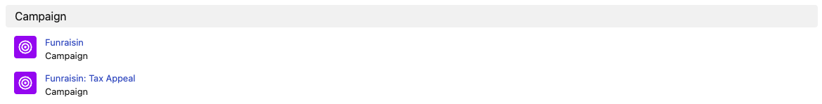 Salesforce campaign hierarchy showing the generic Funraisin parent campaign with a Christmas Appeal child campaign produced by default