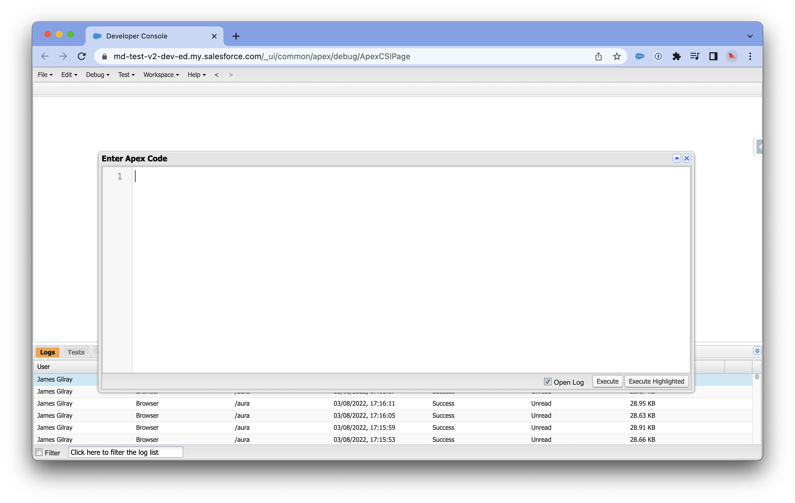 Salesforce Developer Console with the Execute Anonymous Window open