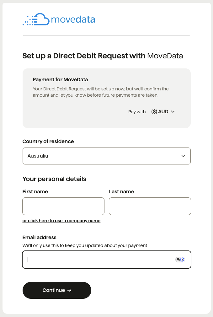 Payment interface showing the Direct Debit button