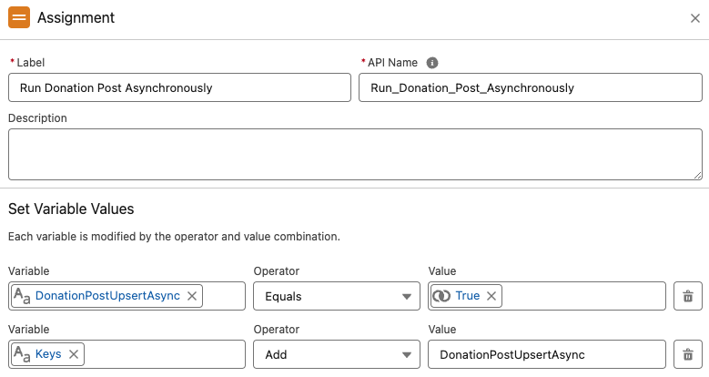 Flow assignment setting DonationPostUpsertAsync to true