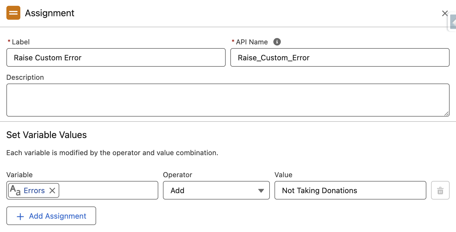 Flow Builder Assignment element adding an error message to the Errors collection