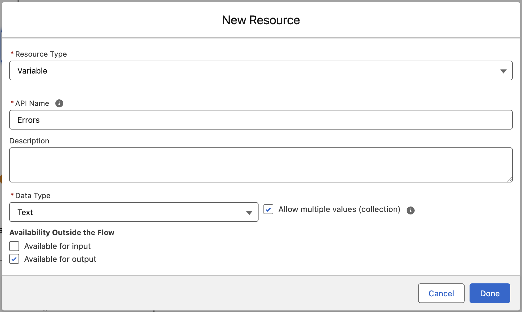 Flow Builder variable configuration showing the Errors text collection variable with output enabled