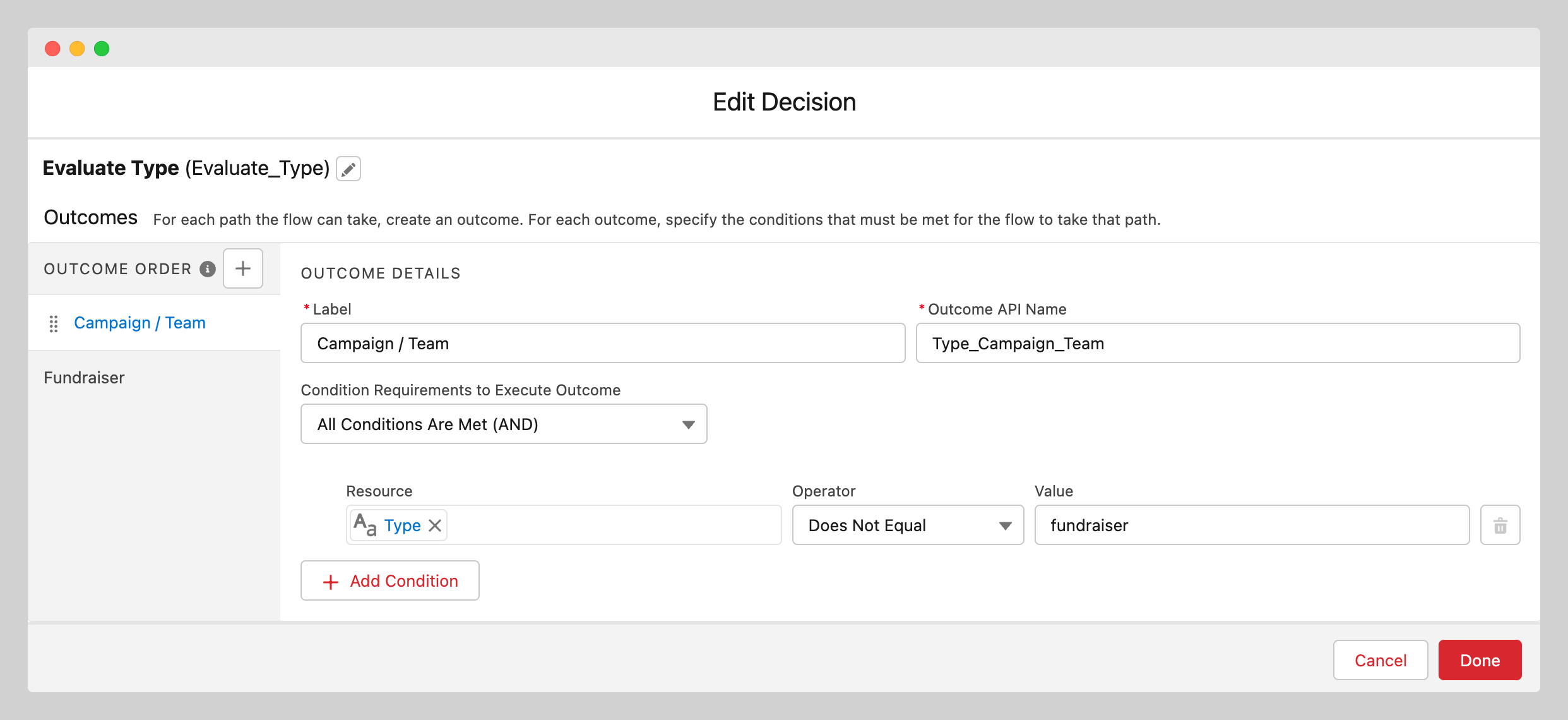 Evaluate Type flow action checking the campaign type variable