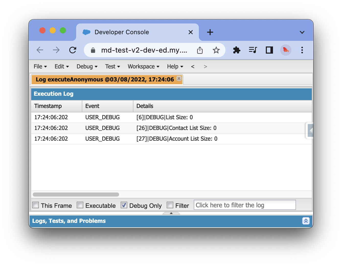 Developer Console debug log showing List Size 0 after successful migration