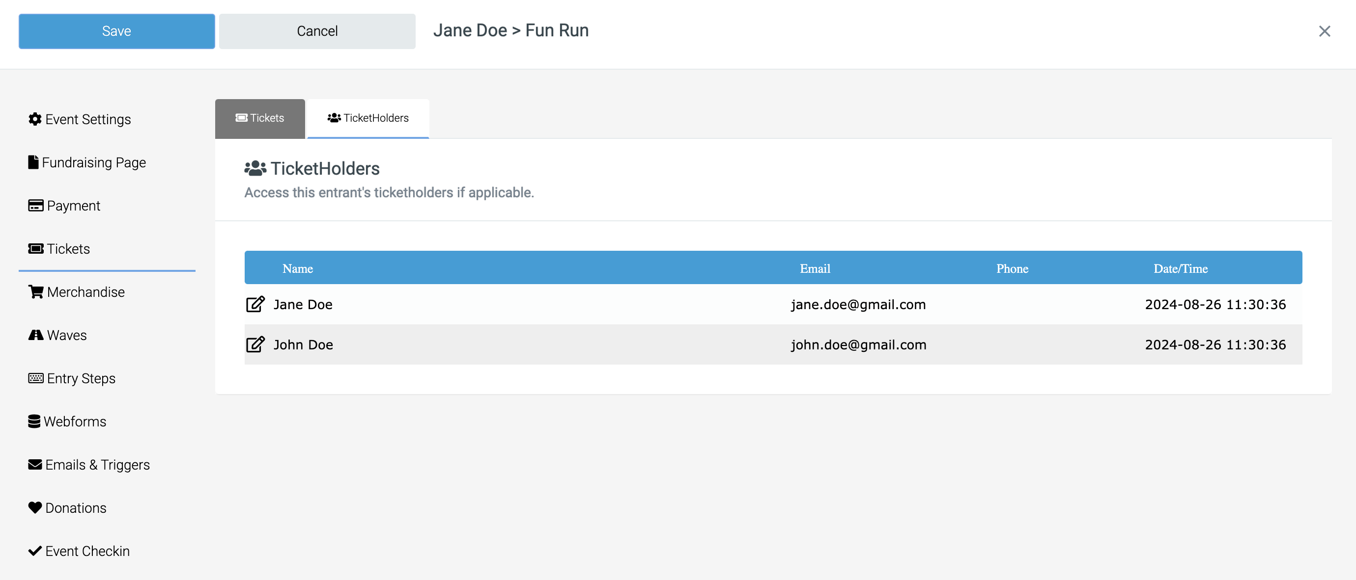 Funraisin registration showing multiple ticket holders with purchaser details