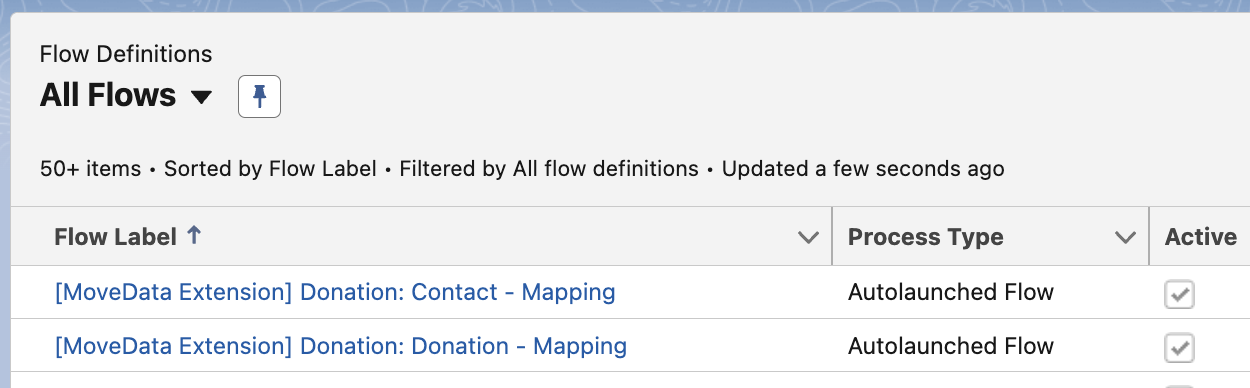 Salesforce Flow List View showing MoveData Extension flows