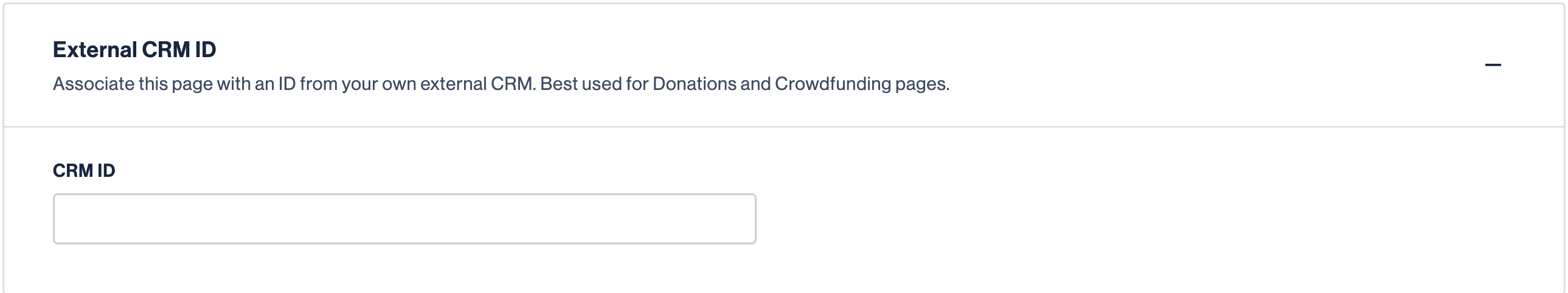 Funraisin fundraising page settings showing the External CRM ID field populated with a Salesforce Campaign ID