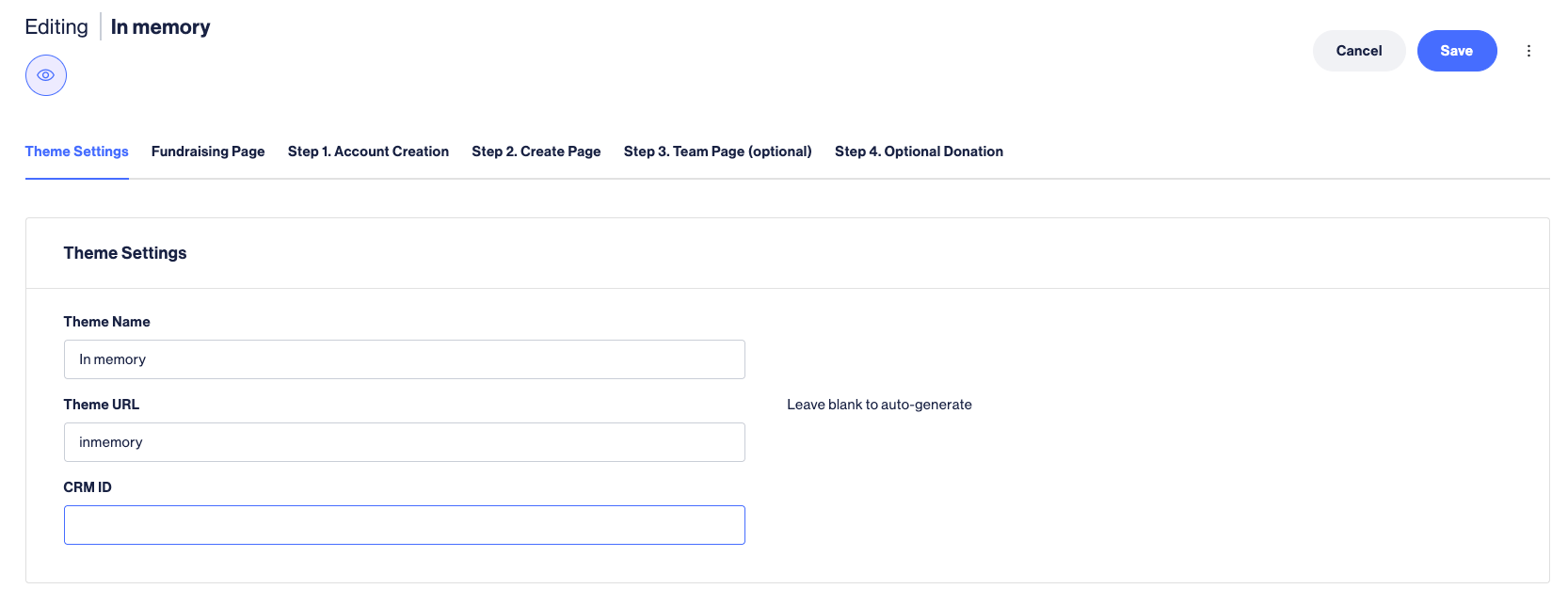 Funraisin DIY campaign Theme Settings showing the CRM ID field populated with a Salesforce Campaign ID