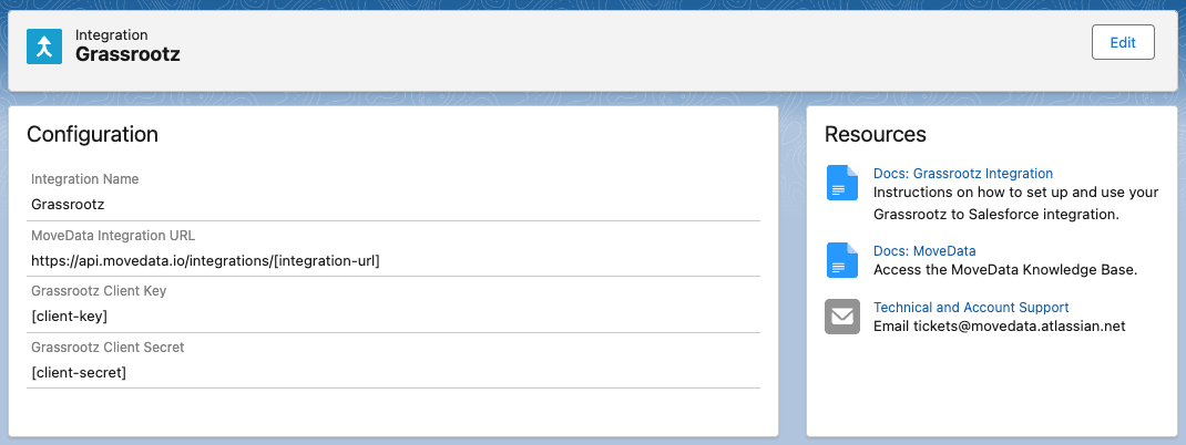MoveData Grassrootz integration setup showing the Client Key and Secret Key fields