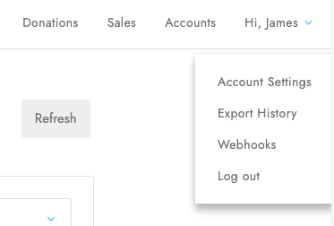 Grassrootz top-right settings menu showing the Webhooks option