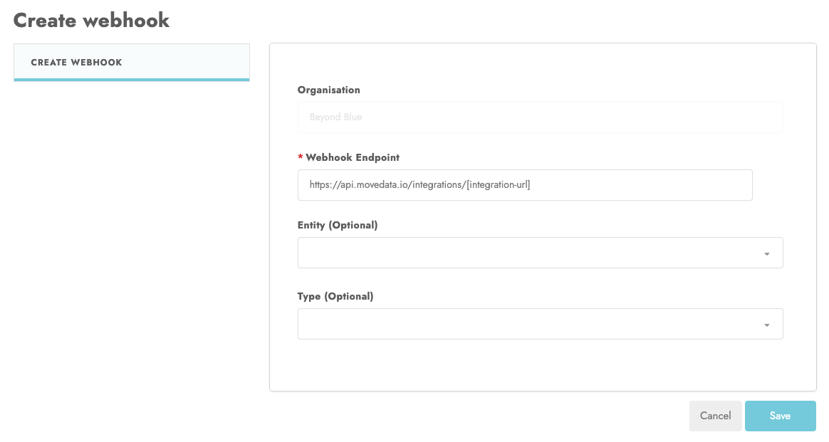 Grassrootz Create Webhook dialog with the MoveData integration URL pasted into the endpoint field