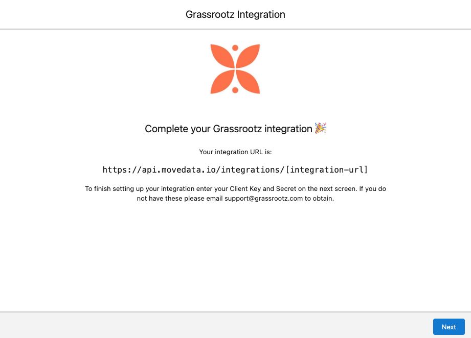 MoveData Grassrootz integration wizard showing the generated integration URL