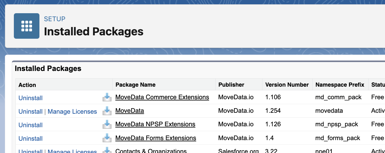 Installed Packages screen showing MoveData and extension packages