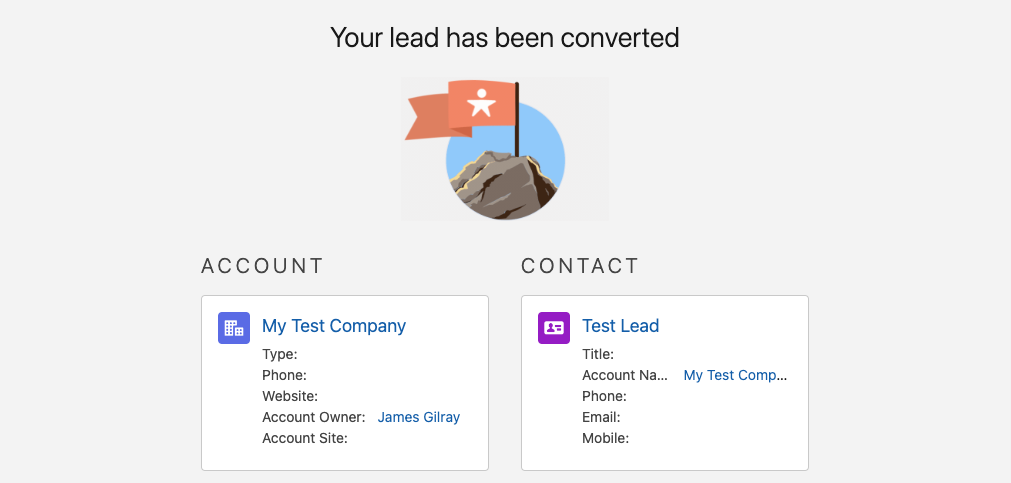 Converted lead showing the contact assigned to an organisation account