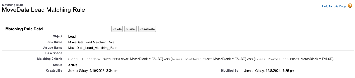 Lead matching rule configured with First Name, Last Name, and Postcode
