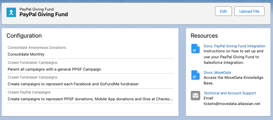 MoveData PayPal Giving Fund integration settings page showing the configurable options