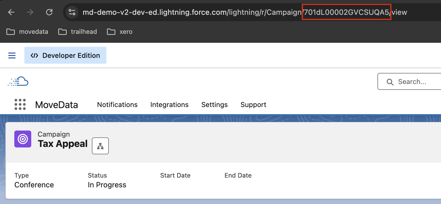Salesforce campaign record with the Campaign ID highlighted in the browser address bar