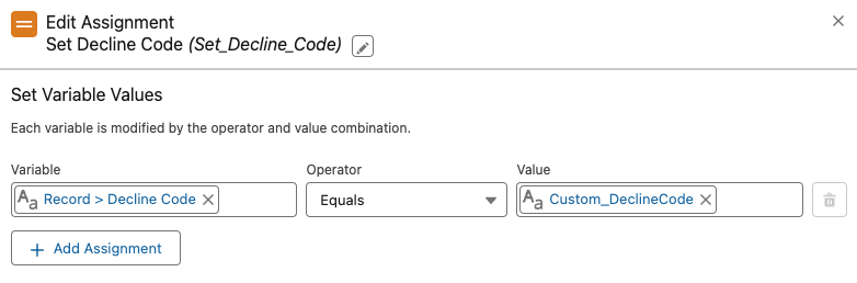 Flow assignment element to set the decline code on the Recurring Donation record