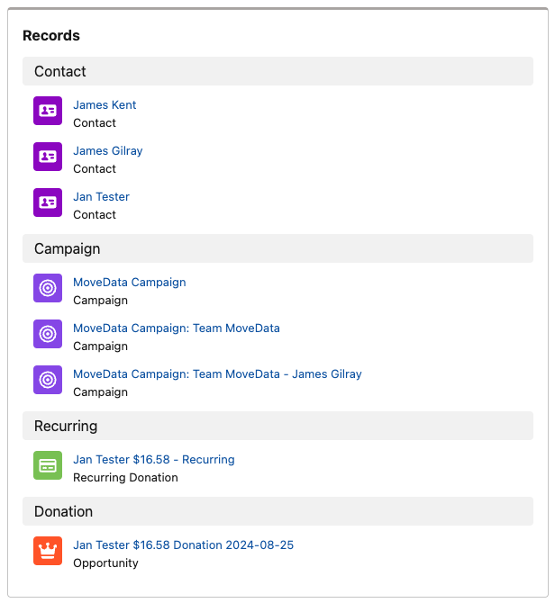 MoveData execution summary showing CPU time usage for a complex NPSP transaction