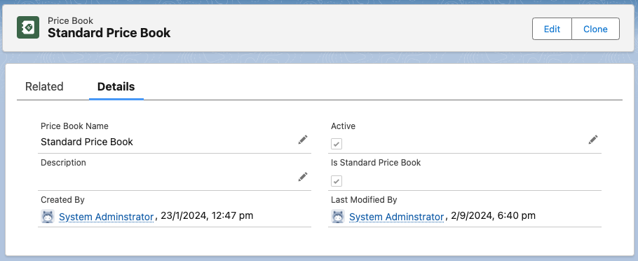 Salesforce Standard Price Book record on the Details tab, with both Active and Is Standard Price Book checkboxes ticked