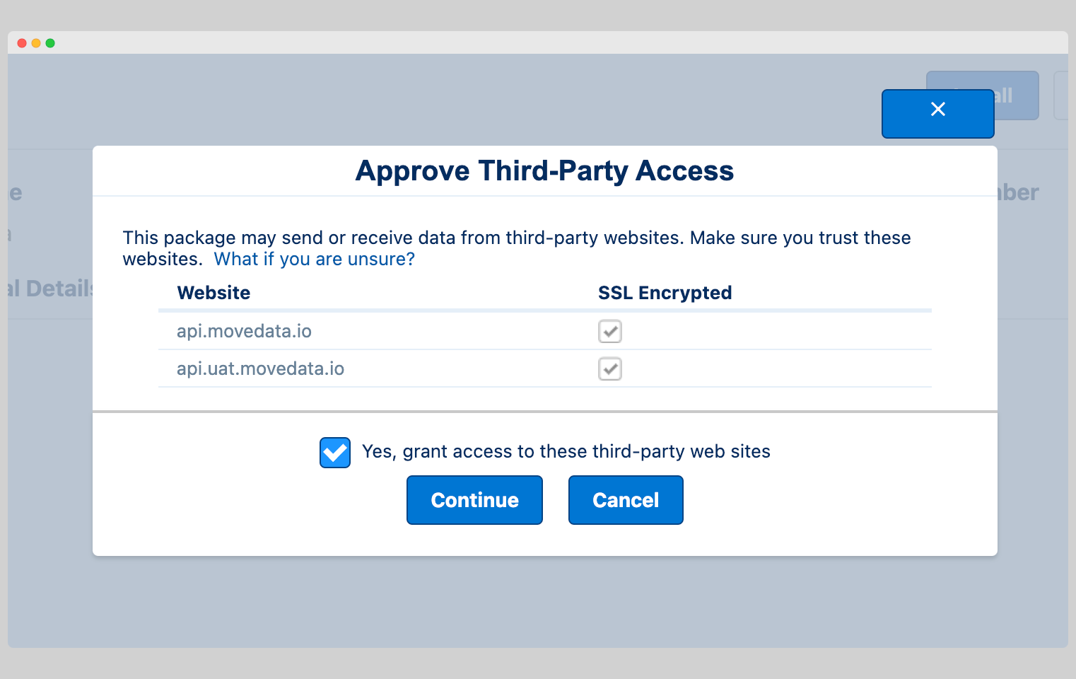 Salesforce dialog requesting approval of third-party access for MoveData