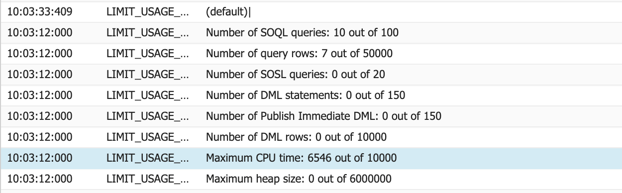 CPU time limit usage breakdown showing percentage consumed by MoveData