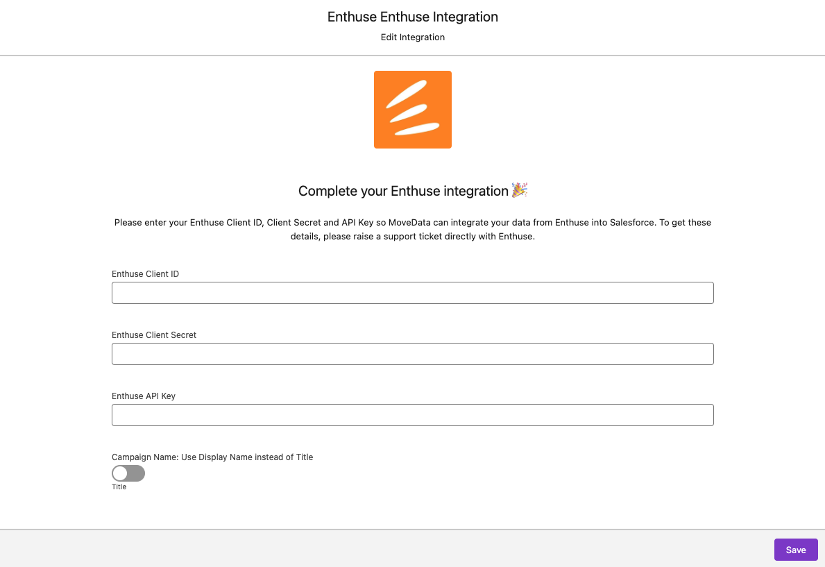 MoveData Enthuse integration setup wizard showing the credential entry fields
