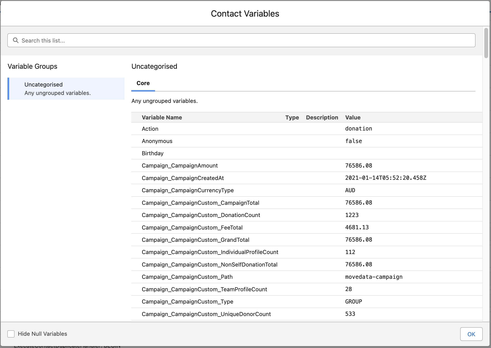 Variable Inspector panel showing variable names and values