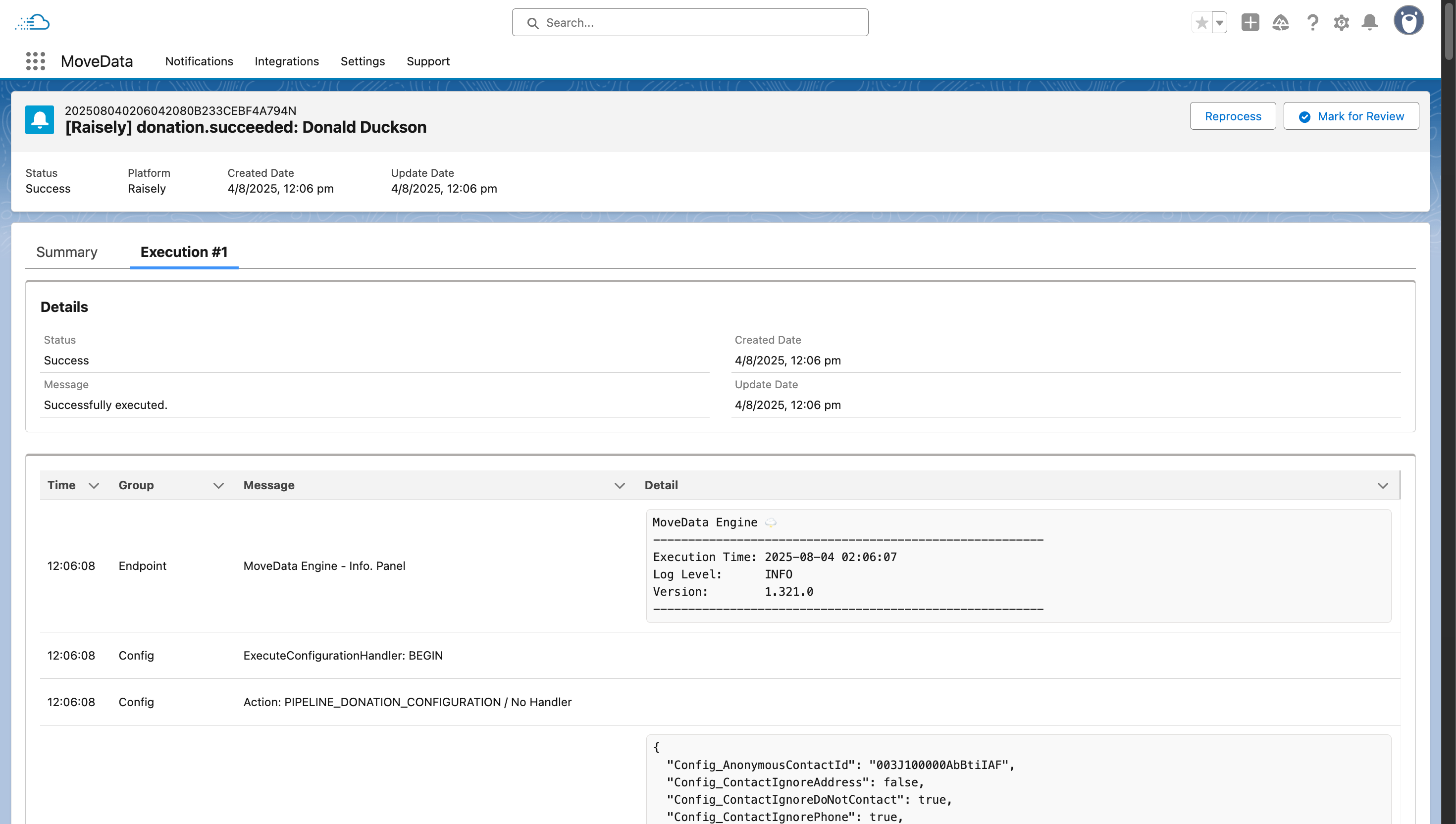 Notification detail view showing the Execution tab with log entries