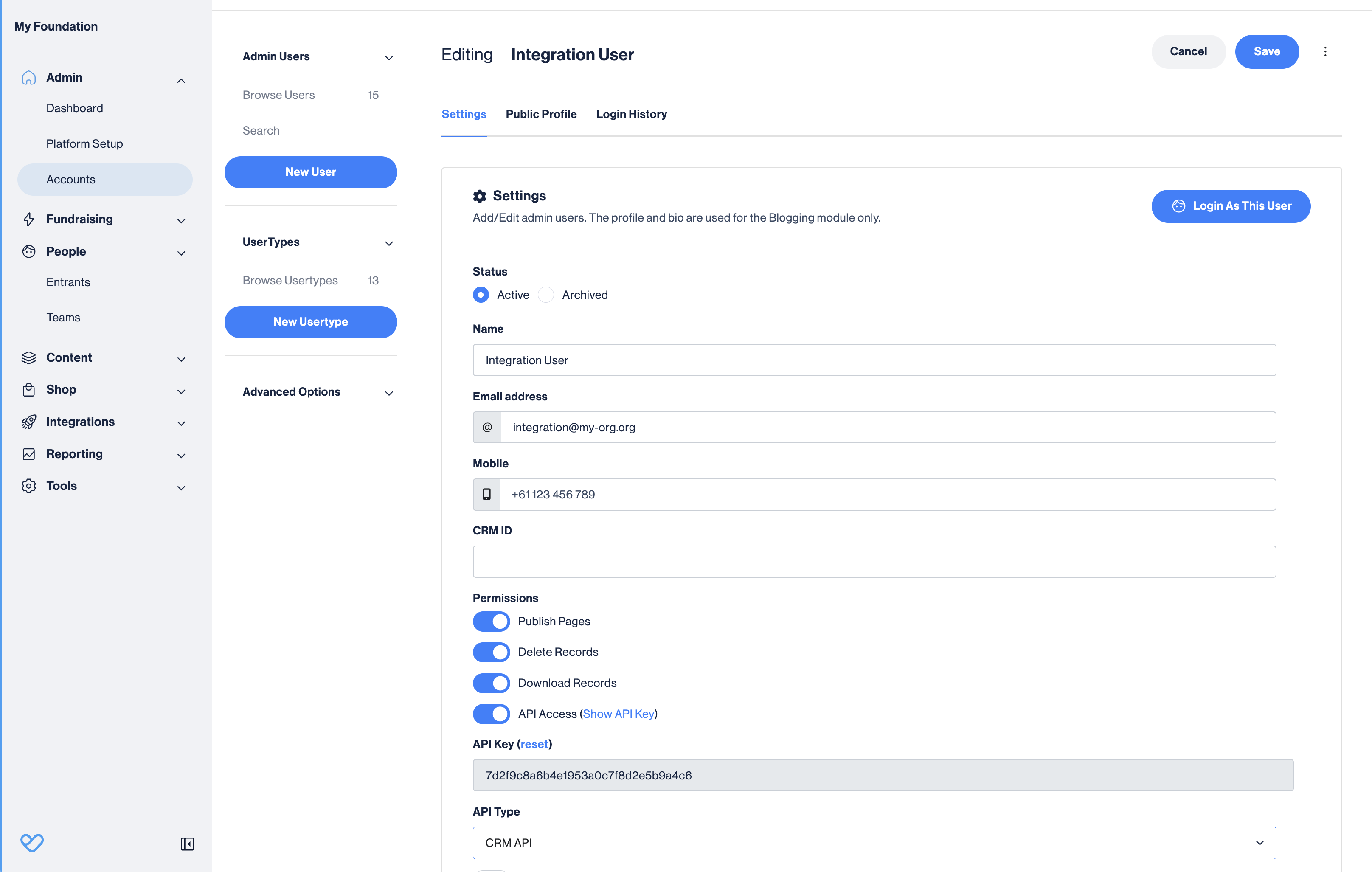 Funraisin admin account page showing the API Access toggle and API Key field