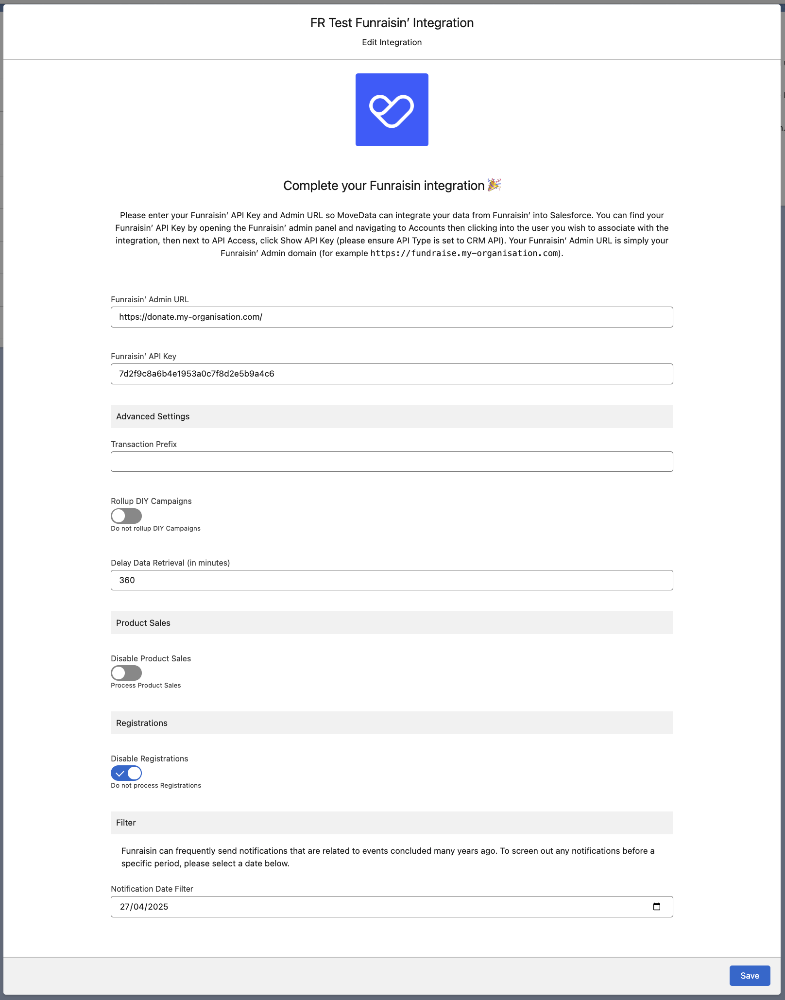 MoveData Funraisin configuration screen showing the API Endpoint and API Key fields