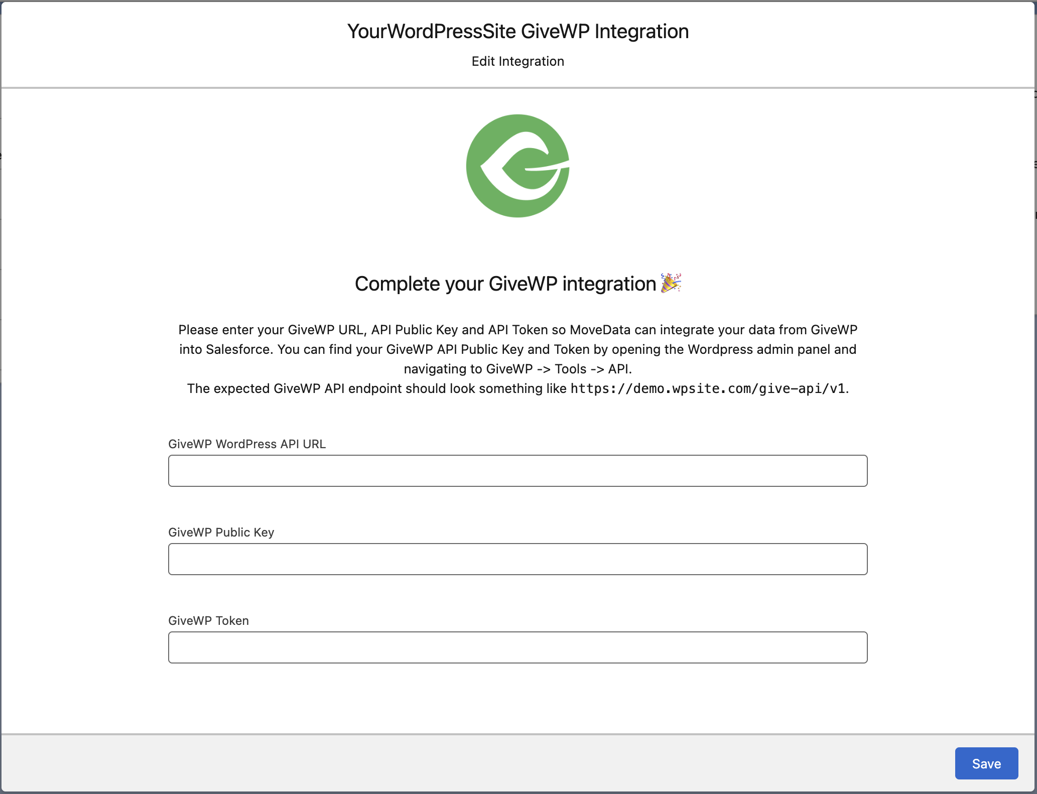 MoveData GiveWP configuration screen showing the API URL, Public Key, and Token fields