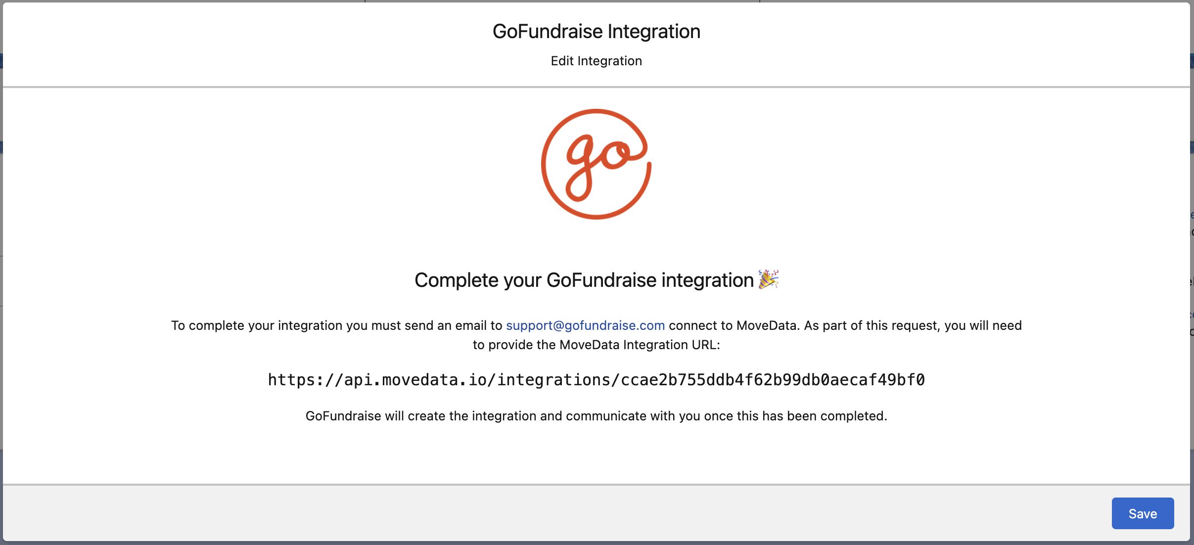 MoveData GoFundraise integration configuration screen