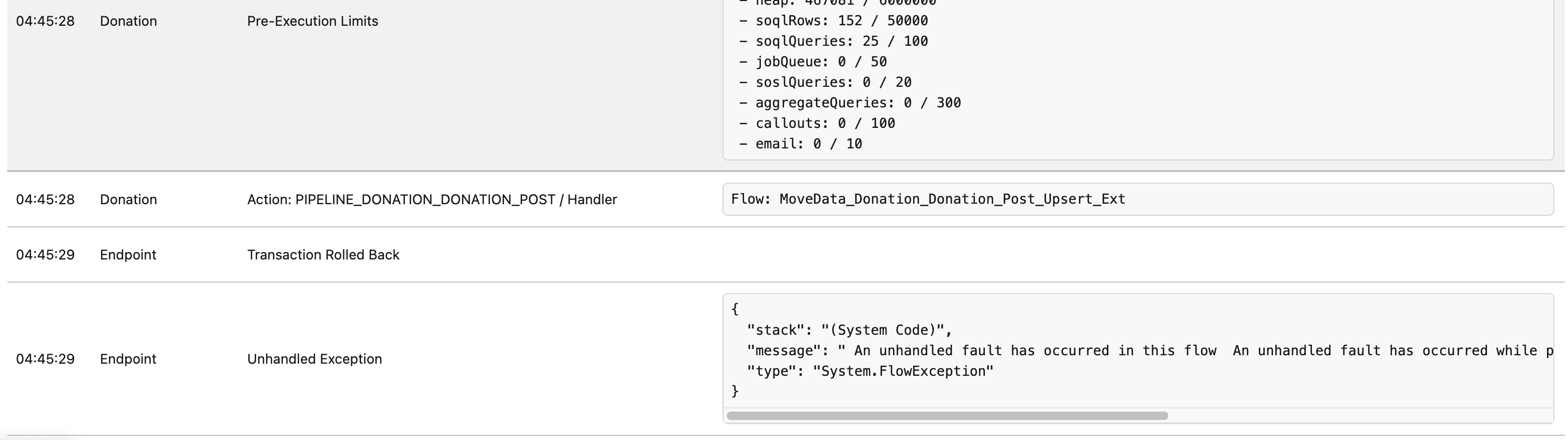 MoveData Execution tab showing the processing log with a flow fault entry
