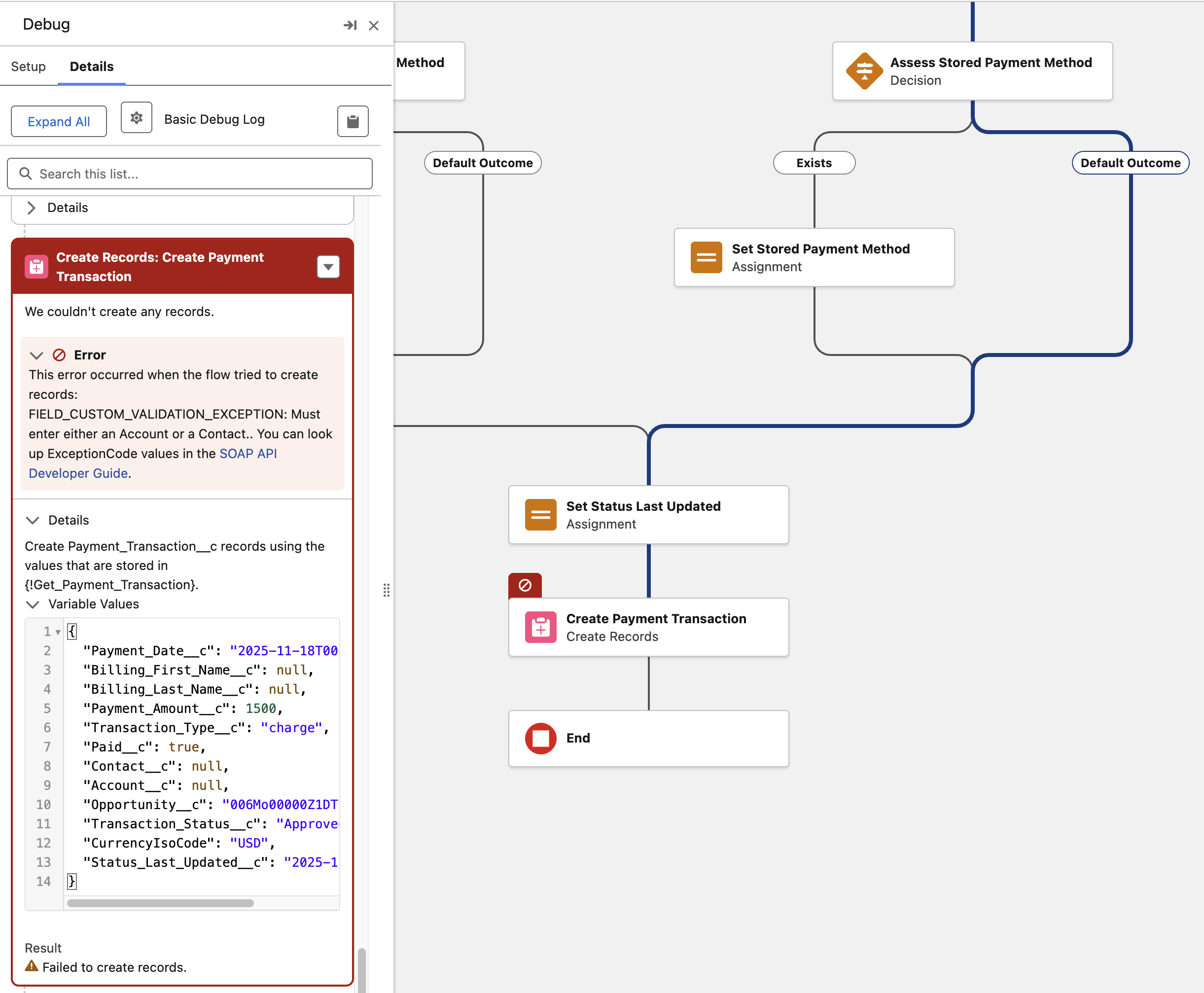 Salesforce Paused and Failed Flow Interviews page showing a failed flow interview