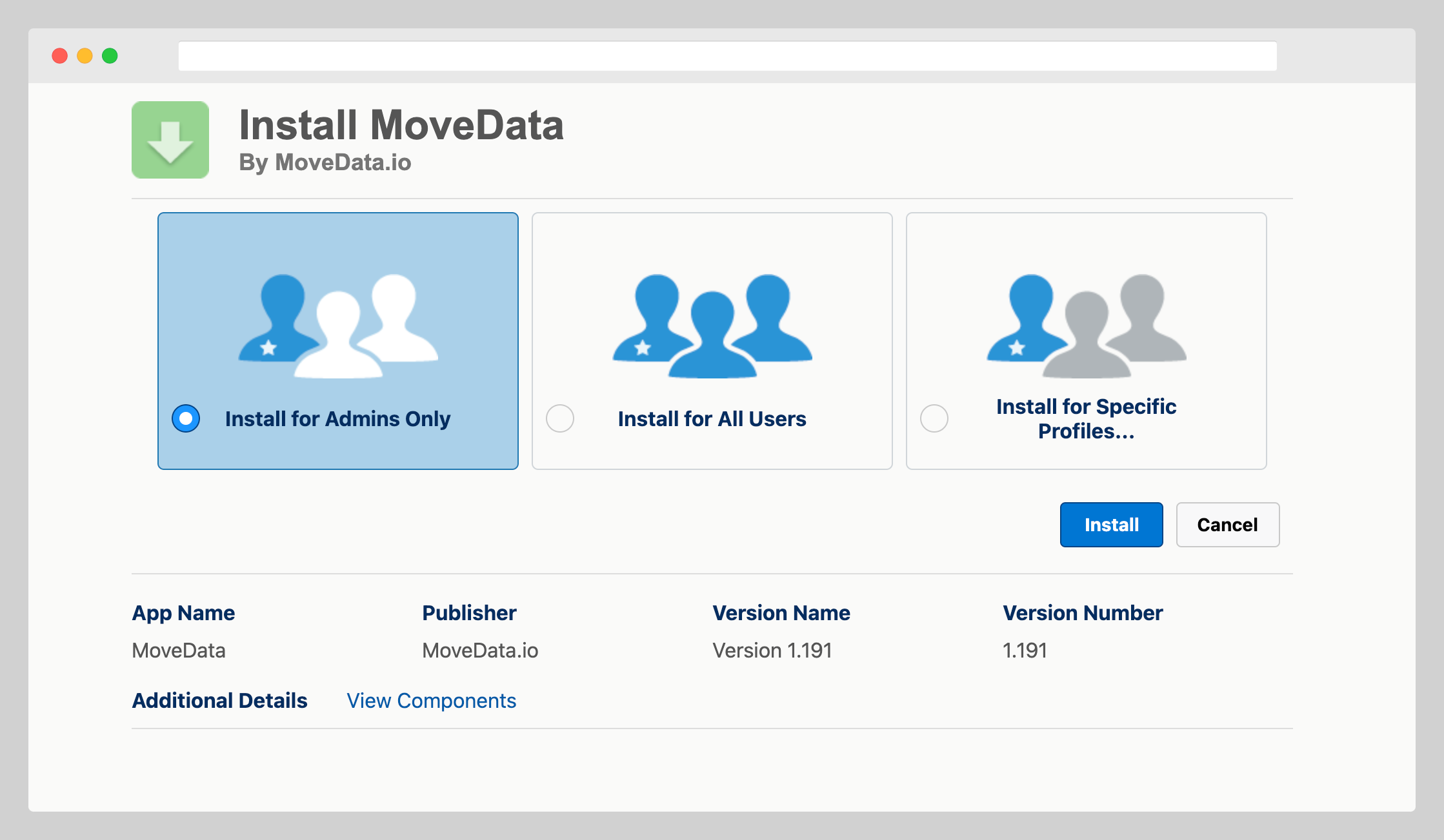 Salesforce package installation settings screen