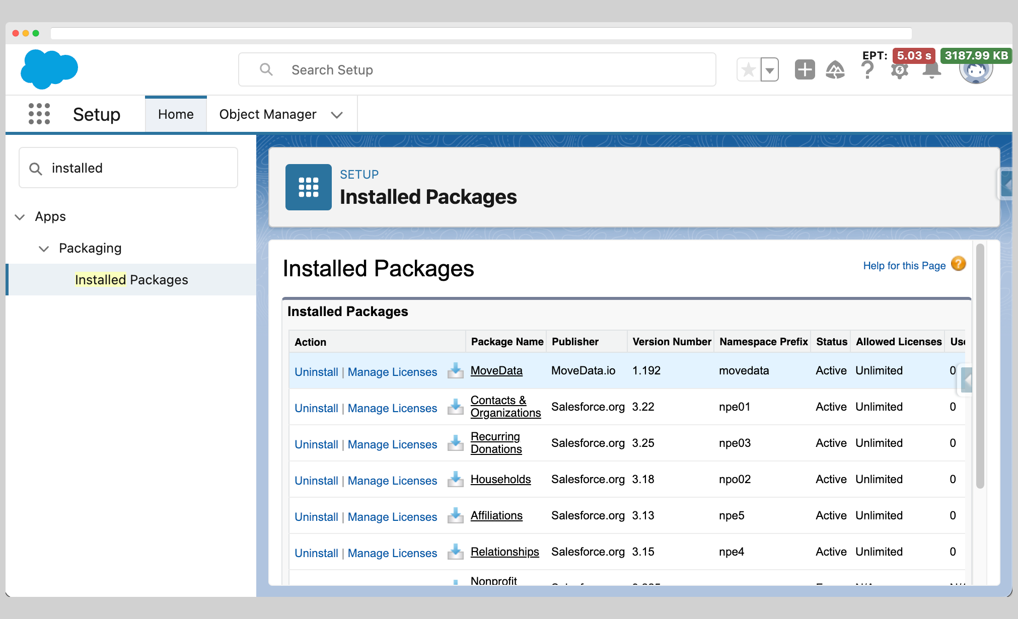 Salesforce Installed Packages screen with MoveData listed