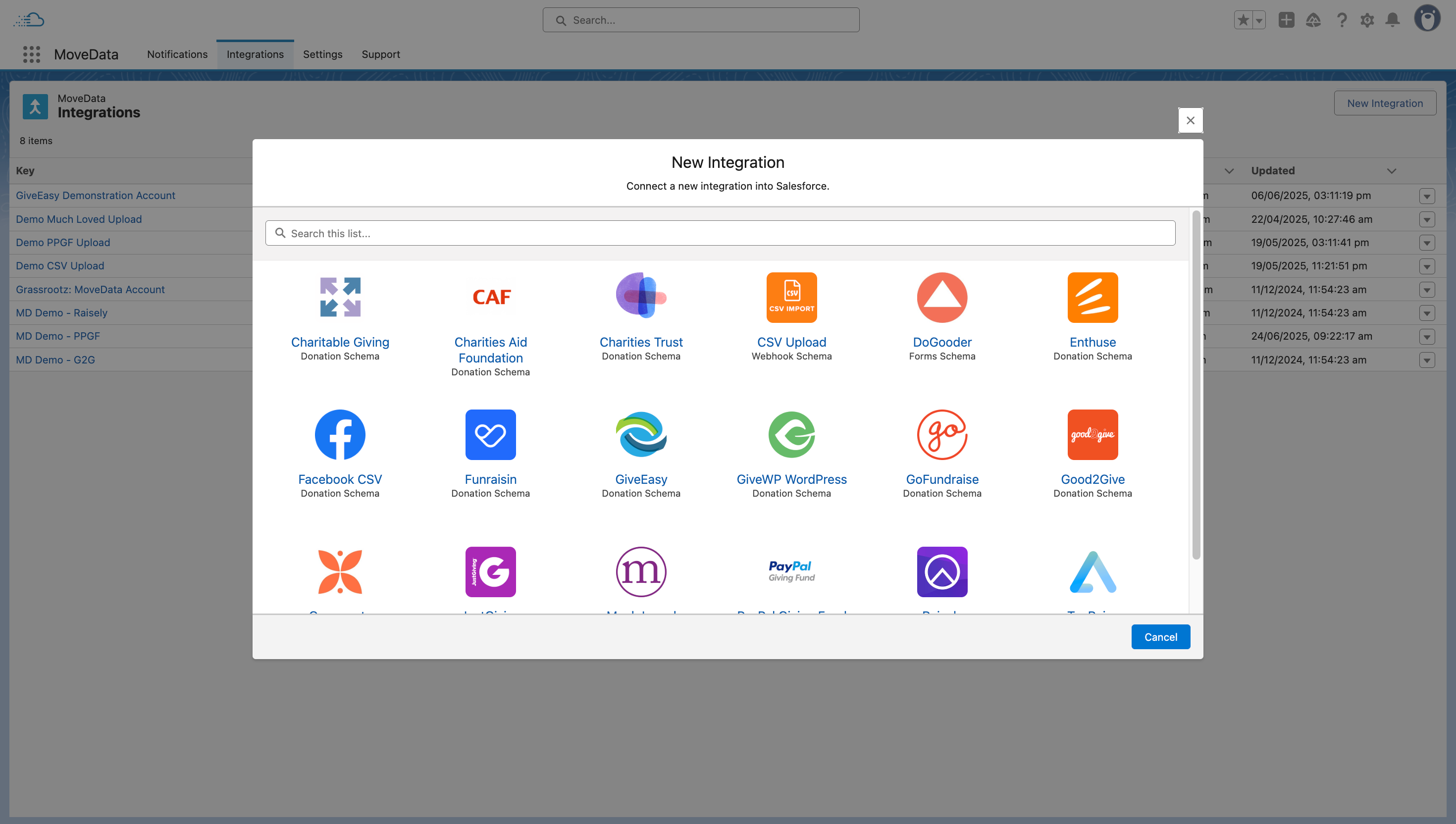 New Integration wizard - platform selection