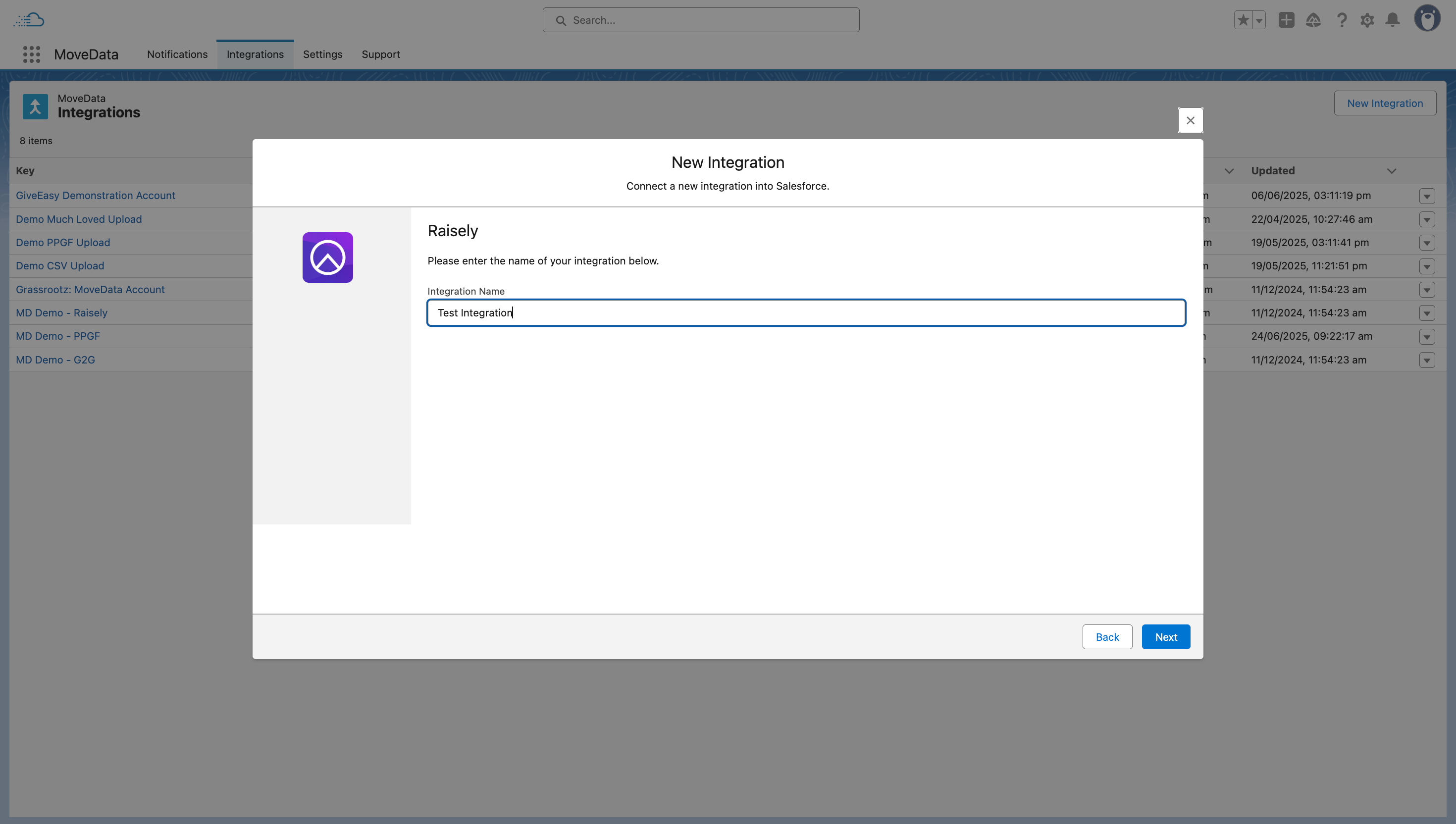 New Integration wizard - naming the integration