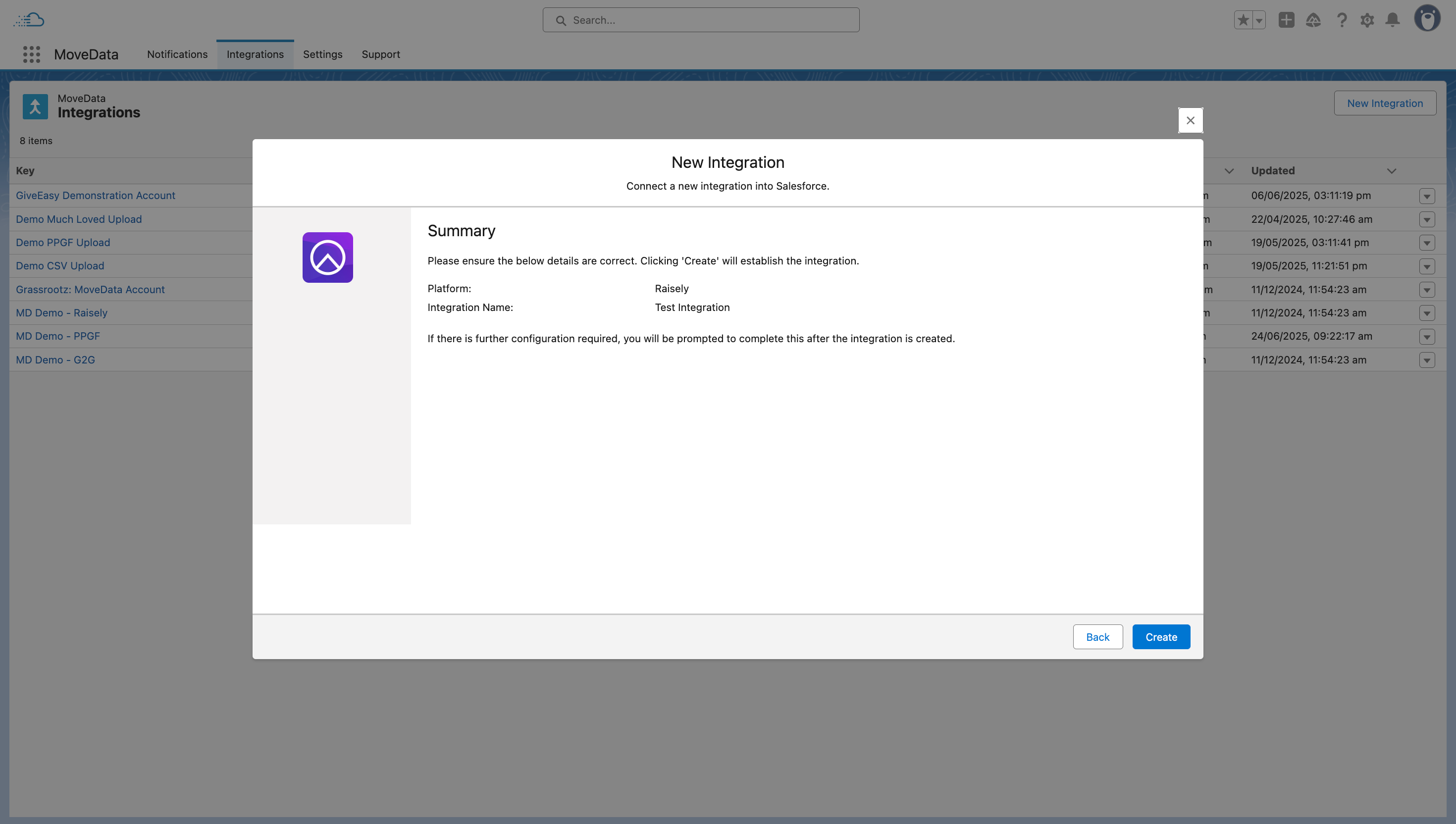 New Integration wizard - review and create
